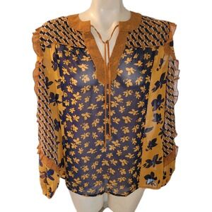 CABI Designer Floral Print Ruffle Trim Blouse Sheer Long Sleeve Top bohemian‎